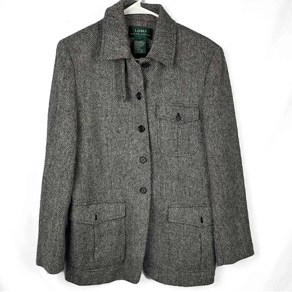 RALPH LAUREN Women’s Black Herringbone Tweed Tailored Blazer Sz 12